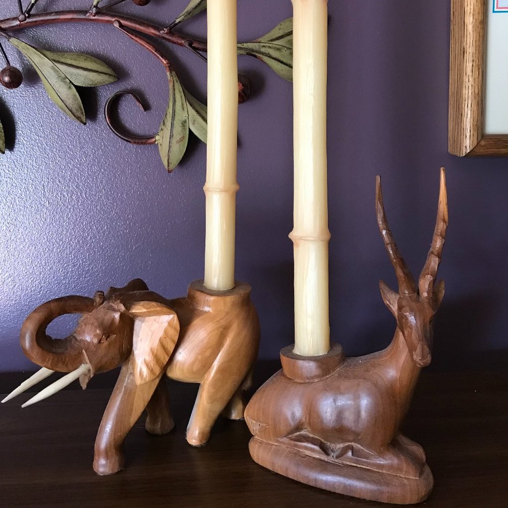 Set of Two Wooden Animal Candle Holders w/ Bamboo Design Candles